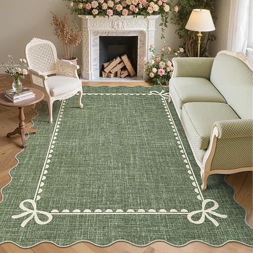 GarveeHome Scalloped Bow Rug 8x10 Washable Green Rug for Living Room