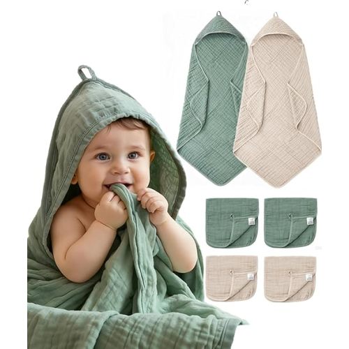 6 PCS Baby Towels and Washcloths Set, 2 PCS Baby Hooded Towels & 4 PCS Washcloths Set, Ultra Soft & Highly Absorbent Bath Bath Towel for Newborn, Infant & Toddler, Shower Gifts Essentials