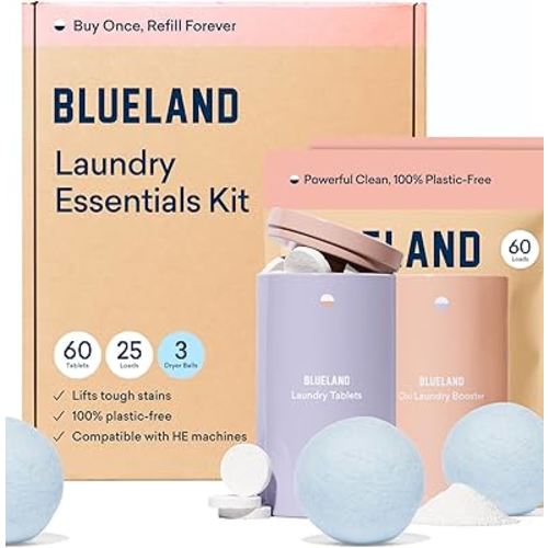 BLUELAND Laundry Essentials Kit, Fragrance Free & Clear - Plastic-Free Laundry Detergent Tablets, Oxi Booster, and Reuseable Natural Wool Dryer Balls