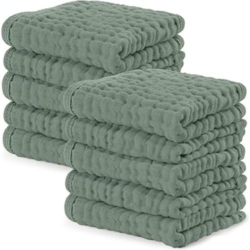 Comfy Cubs Muslin Baby Washcloths 10 Pack - Soft 6-Layer Cotton Wash Cloths for Sensitive Skin - 25 x 25 cm Large, Gentle, Absorbent Infant Essentials for Newborn and Toddlers - Fern
