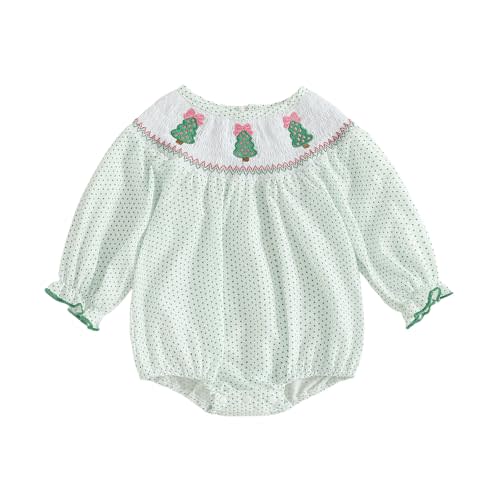 Sasaerucure Newborn Infant Baby Girl Christmas Tree Outfit Green Polka Dot Onesie Long Sleeve Smocked Bubble Romper Clothes