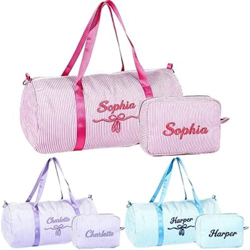Personalized Toddler Dance Bag with Name for Girls&Boys,Seersucker Embroidered Duffel Bag,18 Inch,Multi-Functional Travel & Dance Bag with Handles for Little Girls Ballet,Weekend Travel, Gym,Camping
