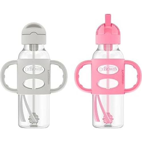Dr. Brown's Milestones Narrow Sippy Straw Bottle, Spill-Proof with 100% Silicone Handles and Weighted Straw, 8 oz/250 mL, Gray/Pink, 6m+