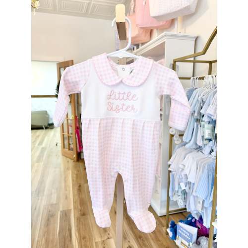 Pink Check Collar Footie with "Little Sister" – Little Stitches & Co.