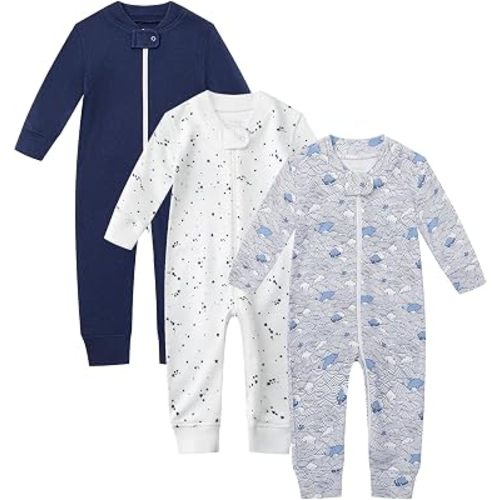 Owlivia Organic Cotton Baby Boys Girls 3-Pack Zip up Sleep 'N Play Pjs, Soft Footless Romper, Long Sleeve One-Piece Outfit