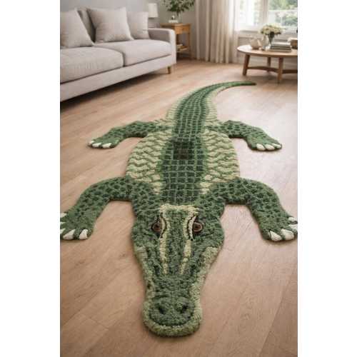 Handmade Tufted Alligator Rug - Green Crocodile Shaped Wool Area Rug - Unique Animal Nursery Decor, or Playroom Carpet, Maximalist Home Gift