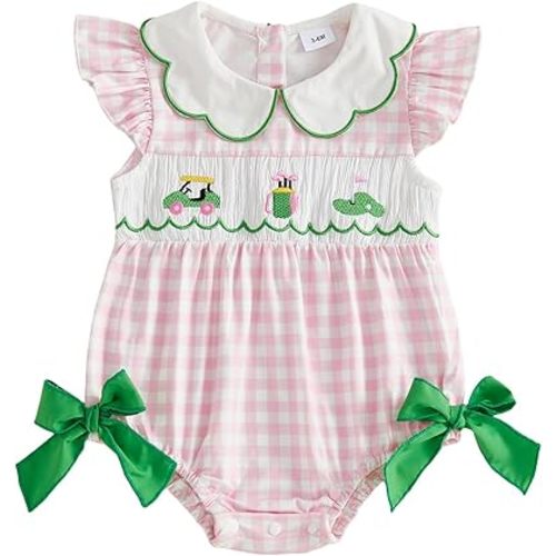 Baby Girl Clothes Golf Cart Flagstick Embroidery Plaid Ruffle Sleeveless Romper Jumpsuit Smocked Bubble Outfit