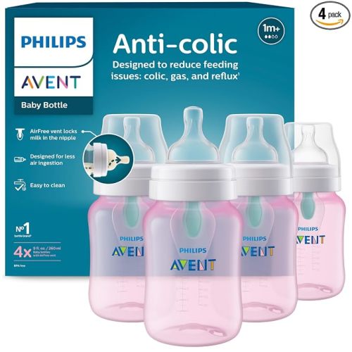 Philips Avent Anti-Colic Baby Bottle with AirFree Vent, Medium Flow 2 Nipple, 1m+, 9oz, 4 Pack, Pink, SCY703/14