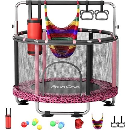 55" Toddler Mini Trampoline for Kids, Indoor Outdoor Toys with Swing, 440lbs Baby Kids Trampoline, Gymnastics Bar, Birthday Gifts for Boy Girl Age 1-8