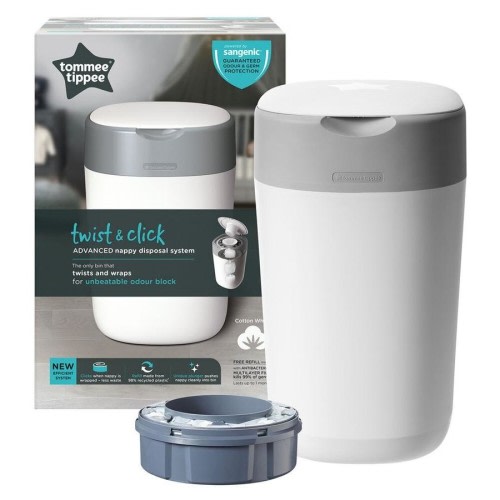 Tommee Tippee Twist & Click Nappy Disposal Bin Diaper Waste Storage Cotton White