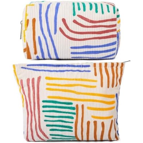SOIDRAM 2 Pieces Stripes Makeup Bag Large Corduroy Cosmetic Bag Capacity Canvas Mix Travel Toiletry Bag Organizer Cute Makeup Brushes Aesthetic Accessories Storage Bag for Women, Stripes Mix Colorful