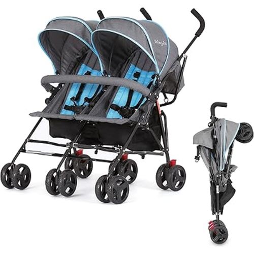 Dream On Me Volgo Twin Baby Stroller, Lightweight Side-by-Side Double Umbrella Stroller with Adjustable Canopy, 5-Point Harness, Storage Basket & Travel-Friendly Fold – Black