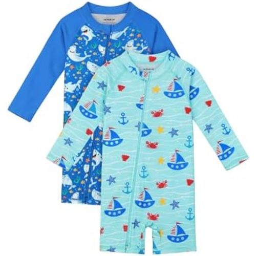 2 Pack Baby Toddler Boys Swimsuits UPF 50+ Sun Protection Long-Sleeve Rash Guards Baby Dry Fit Bathing Suit with Zip