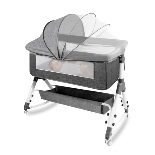 AOBOTE Baby Bassinet,Foldable Newborn Crib with Mosquito Net and Wanxiang Silent Wheel, Adjustable Height,Bassinet Bedside Sleeper (AB010011-1)