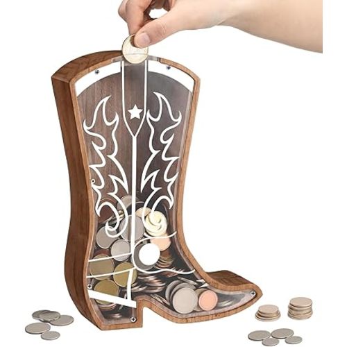Remerry Wooden Piggy Bank Large Western Cowboy Money Box Clear Wood Coin Box Unbreakable Saving Money Jar Personalized Creative Gifts for Birthday Christmas Western Home Decor