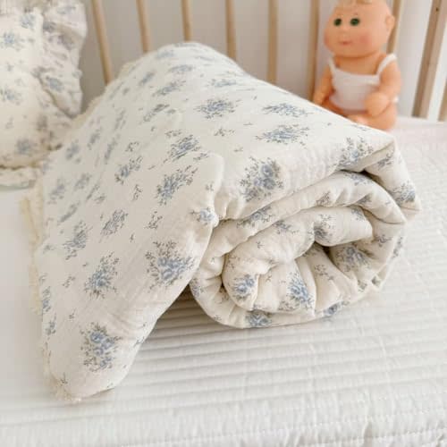 BuLuTu Blue Flower Freesia Toddler Girls Boys Quilts 100% Cotton Muslin Toddler Bed Blankets Soft Lightweight Children Comforter for Standard Crib Cot, 47x59 Inches