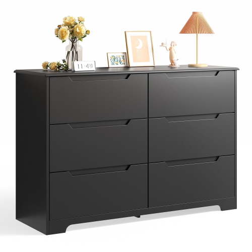 Dresser for Bedroom, Lofka 6 Drawer Double Dresser with Cutout Handles, Large Storage Capacity, Anti-Tip Safety, Modern Wood Chest of Drawers, Smooth Metal Rail, Black