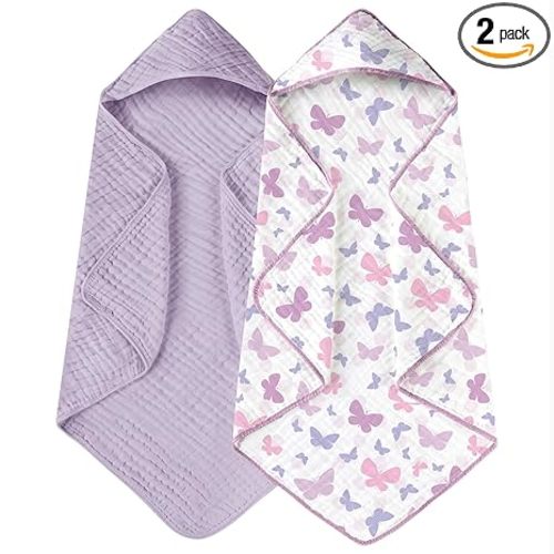 Yoofoss Hooded Baby Towels for Newborn 2 Pack 100% Muslin Organic Cotton Baby Bath Towel with Hood for Babies, Infant, Toddler and Kids, 32x32Inch, Soft and Absorbent Newborn Essential, Butterfly