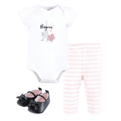 Hudson Baby Infant Girl Cotton Bodysuit, Pant and Shoe Set, Bonjour Paris, 12-18 Months