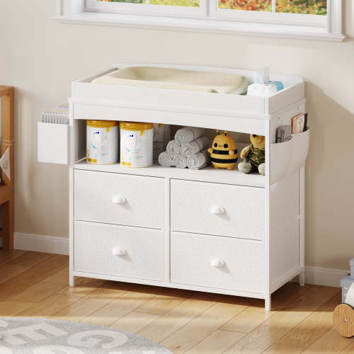 Changing Table Dresser With 4 Fabric Drawers and Open Shelf for Nursery Room, White