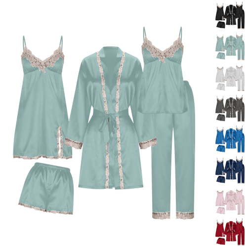 Bixock Pajamas for Women,Bathrobe for Women,Silk Robes for Women 5 Piece Set Satin Robe with Camisole Lightweight Breathable Comfortable Loungewear with Padded Chest Sleepwear