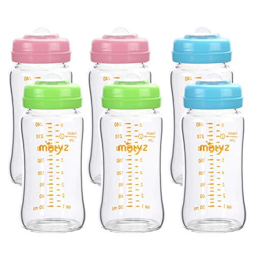 Matyz Glass Breastmilk Storage Bottles, 6 Pack, 8 oz, Compatible With Spectra Medela Breast Pump - Freezer Safe Storage Bottles Set - Wide Mouth Breastmilk Storage Containers - BPA Free (3 Color Lids)