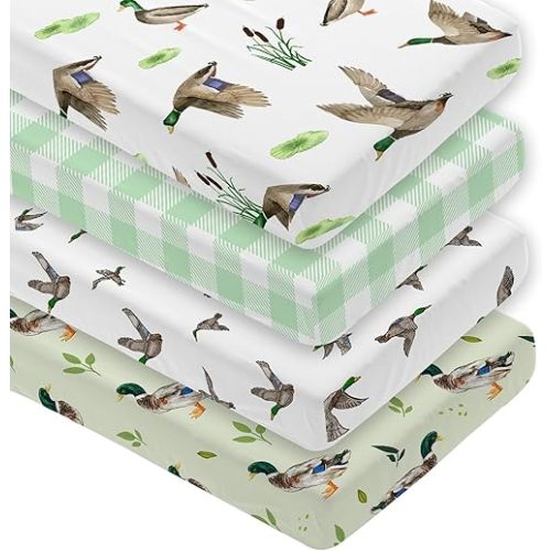 4 Pack Mallard Duck Baby Crib Sheet for Girl or Boys, Green Gingham Fitted Crib Sheet Soft Breathable, Mallard Duck Nursery Decor for Standard Mattresses Gift Set 28 x 52 in