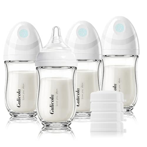 Gulicola Natural Glass Baby Bottle 4 Pack, Newborn Breastfeeding Bottles Set, Extra Slow Flow Nipples (SS), Anti Colic, 0 Months+, 5 oz - White