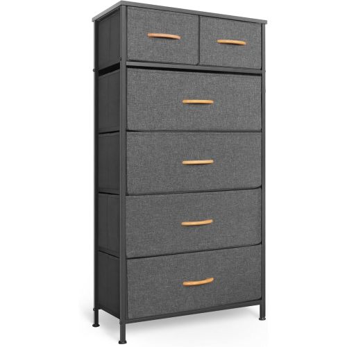 Tall Dresser for Bedroom, Vertical Storage Organizer Tower with 6 Drawers, Chest of Drawers with Fabric Bins, Steel Frame, Wood Top for Bedroom, Closet, Entryway- Grey