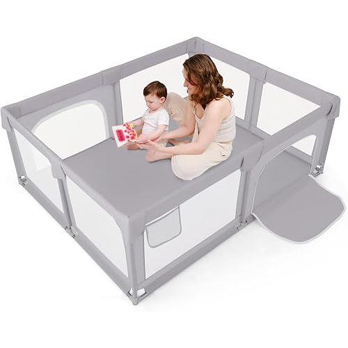 Costzon Large Baby Playpen, 75" x 59" Toddler Activity Center w/Zippered Doors, Mesh Storage Bag, Indoor Outdoor Baby Play Yard Fence for 0-3 Years Old Infants & Toddlers (Gray)