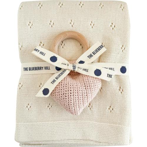 Pique Blanket and Blush Heart Rattle Set - Cream