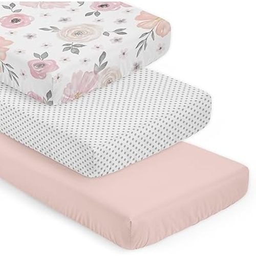 Sweet Jojo Designs 3-Piece Baby Crib Sheets Set (Pink Boho Floral) for Girls, Infant Nursery, Toddler Room - Fitted, Standard Size (Solid Blush, White & Grey Polka Dots & Bohemian, Shabby Chic, Rose)