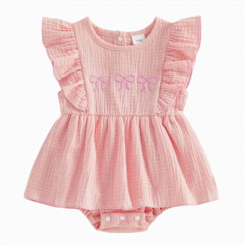 CAICJ98 Baby Girl Summer Clothes Newborn Bow Romper Dress Ruffle Sleeve Smocked Dress Cotton Linen Cute Baby One Piece Spring Outfits (Red,3-6 Months)