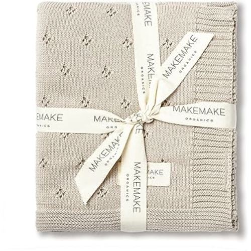MakeMake Organics Organic Cotton Baby Blanket - GOTS Certified, Breathable Pointelle Knit, Unisex Newborn Stroller Blanket (30x40, Beige)