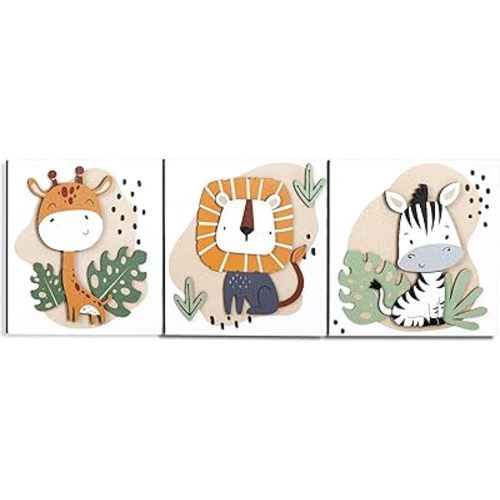 Threehoney 3 Pcs Safari Nursery Wall Decor Wooden Jungle Animal Nursery Room Decor 7.9 x 7.9 Inches Giraffe Lion Woodland Wall Art for Baby Shower Bedroom Living Room Home