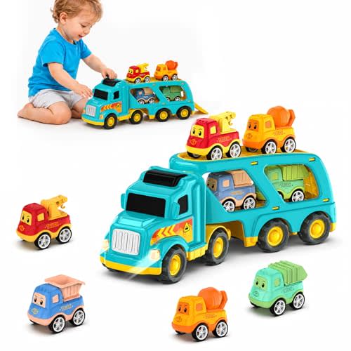 Veslier Toy Trucks for 2 3 4 5Years Old,Construction Transpor Trucks for Toddlers 2-4 Years with 4 Pull Back Cars for Toddlers 2-4,Christmas Birthday Gift for 18M+ 2 3 4 5 Years Old Kids Boys Girls.