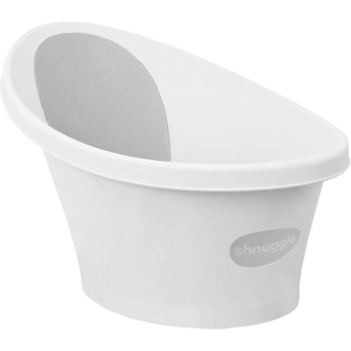 Shnuggle Newborn Baby Bath | Built in Support Bump and Soft Backrest | Suitable from Newborn | Bath Seat Support Includes Plug | White with Grey Backrest