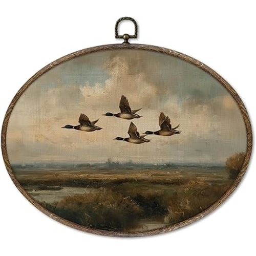 XNXLDYLH Vintage Mallard Duck Oval Framed Wall Art Decor, Cottage Core Duck Hunting Boy Nursery Hanging Wall Decor, Farmhouse Country Nature Canvas Prints Wall Art Paintings for Bathroom, 11.5x8.5Inch