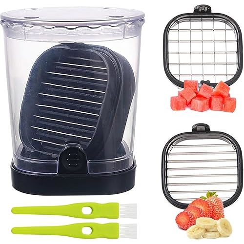 2-in-1 Detachable Fruit Slicer & Dicer, Stainless Steel Strawberry Slicer with Lid, Fruit Cutter with Push Plate for Banana Egg, Creative Cup Slicer, Must Have Vegetable Cutter Kitchen Gadget