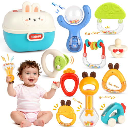 UUSUOO 10Pcs Baby Rattles Toys for 0-6 Months,Baby Teething Toys with Storage Case,Infant Newborn Baby Toys for 6-12 Months,Birthday Gifts for Newborn Baby Boys Girls
