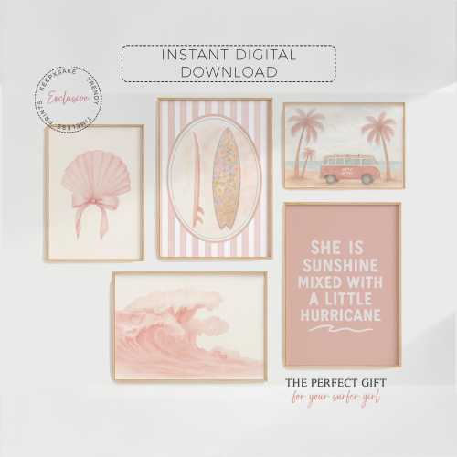 Pink Surf Nursery Gallery Wall Art: Girl Seashell Surfboards Beach Prints Set - Digital Download
