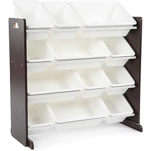 Humble Crew Kids Toy Storage Organizer with 12 Plastic Bins, Espresso/White – Removable Bins for Playroom, Bedroom, Toddler Furniture for Boys and Girls Ages