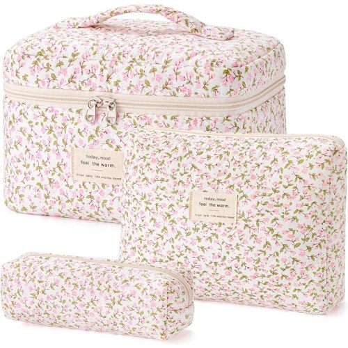 HBselect Quilted Makeup Bag, 3Pcs Cotton Large Travel Makeup Bags Organizer