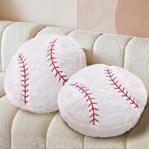 Plush Baseball Pillow 2 Pack, Soft Fluffy Round Baseball Shaped Throw Pillows for Kids Room, Sofa & Bed Decor, Seat Cushion Alternative for Gaming & Sports Room 15.7 Inch