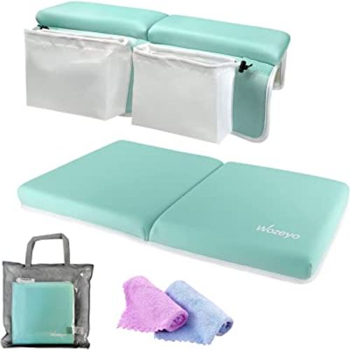 WOZEYO Bath Kneeler & Elbow Rest Pad Set - 1.5 Inch Extra Thick Non-Slip Bathtub Kneeling & Elbow Pad for Knee & Arm Support with 2 Baby Towels, Toy Organizer & Storage Pockets - Machine Washable