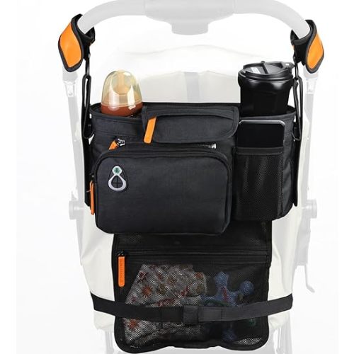 Universal Stroller Organizer with Insulated Cup Holder and Phone Holder, Large Pocket, Fits Most of Stroller Like Baby Jogger, Britax, BOB, Umbrella, Doona (Black)