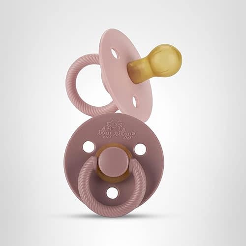 Itzy Ritzy Natural Rubber Newborn Pacifiers (Set of 2) – Baby Pacifiers with Cherry-Shaped Nipple & Large Air Holes for Added Safety; Set of 2 Binkies in Blossom & Rosewood (Ages 0 – 6 Months)