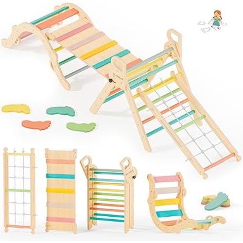 BlueWood 10-in-1 Pikler Triangle Set, Toddler Climbing Toys Indoor, Montessori Climber, Baby Jungle Gyms with Arch, Extra Rope Ladder & Footprint Balance Beam - Rose Garden