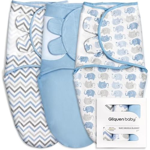 GLLQUEN BABY 3-Pack Organic Baby Swaddle Sleep Sacks for Newborn - Baby Swaddles 0-3 Months, Baby Swaddle Sack, Blue & Elephant & Stripe, Baby Swaddle Blanket Wrap (Small/Medium)