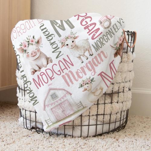 Personalized Pink Farm Baby Blanket: Custom Girl Name Blanket with Farm Animals, Cow Pig Sheep Duck Tractor Barn